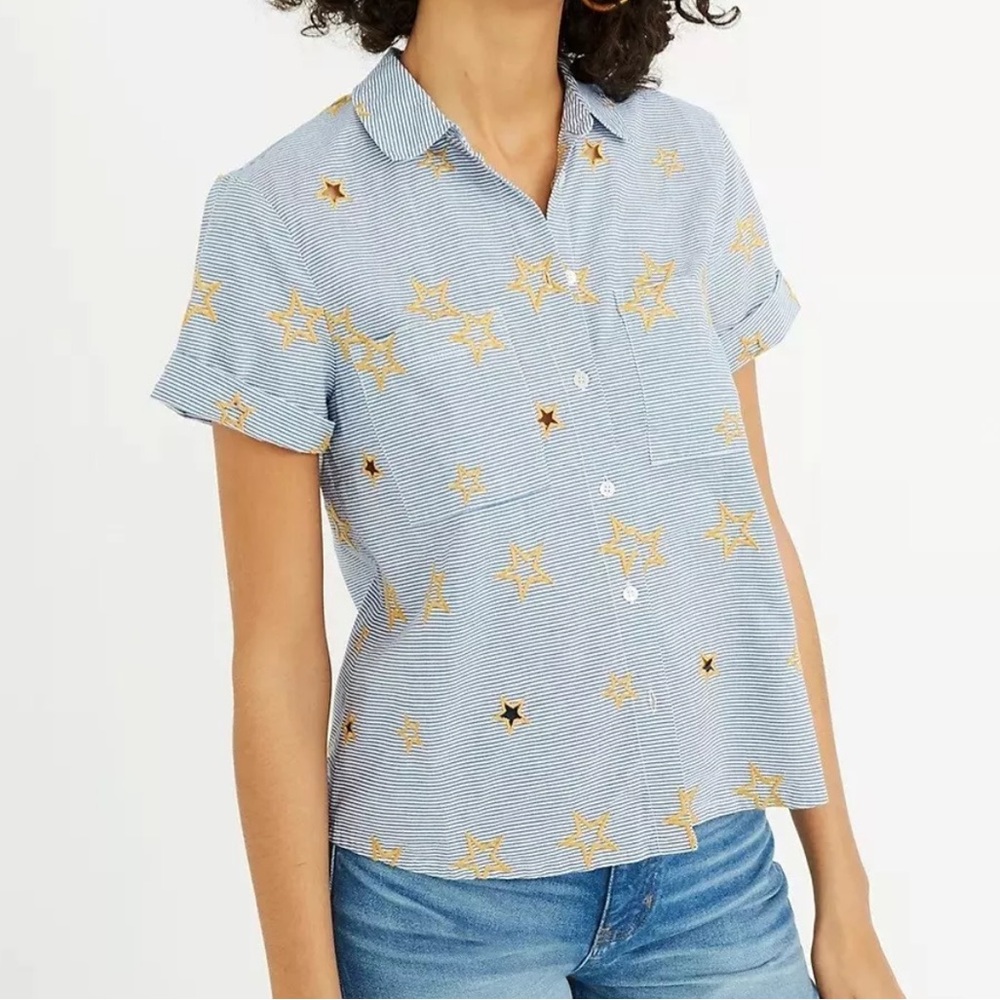 Madewell Star Embroidered Short Sleeve Button Up Size S